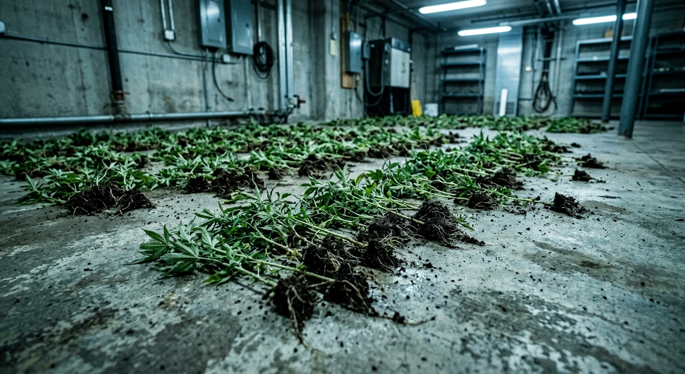Hundreds of uprooted cannabis seedlings on a concrete floor after a police raid