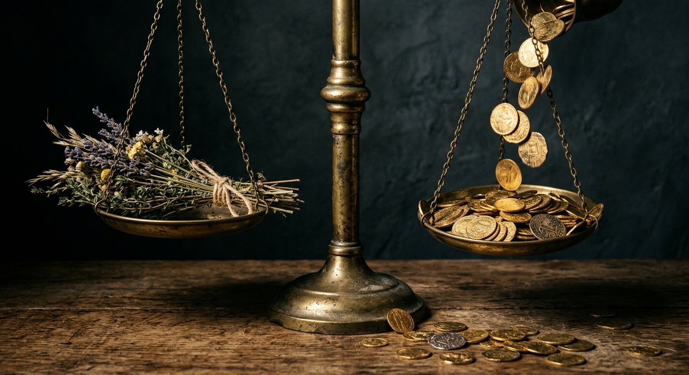 A brass balance scale weighing a dried plant bundle against gold coins