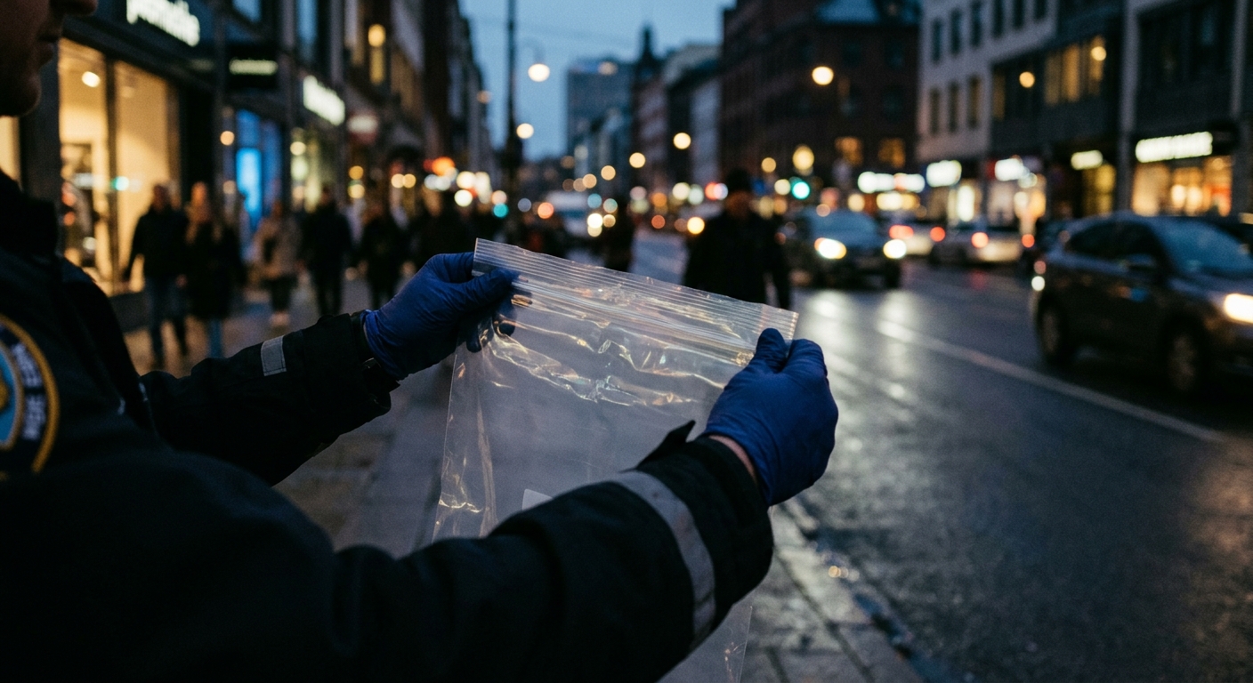 A police officer holding an open empty evidence bag on a city street at dusk