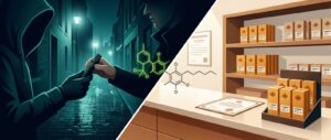 Header illustration: unlabelled street vape deal in dark Britain versus bright labelled Canadian dispensary, same synthetic cannabinoid molecule in both markets