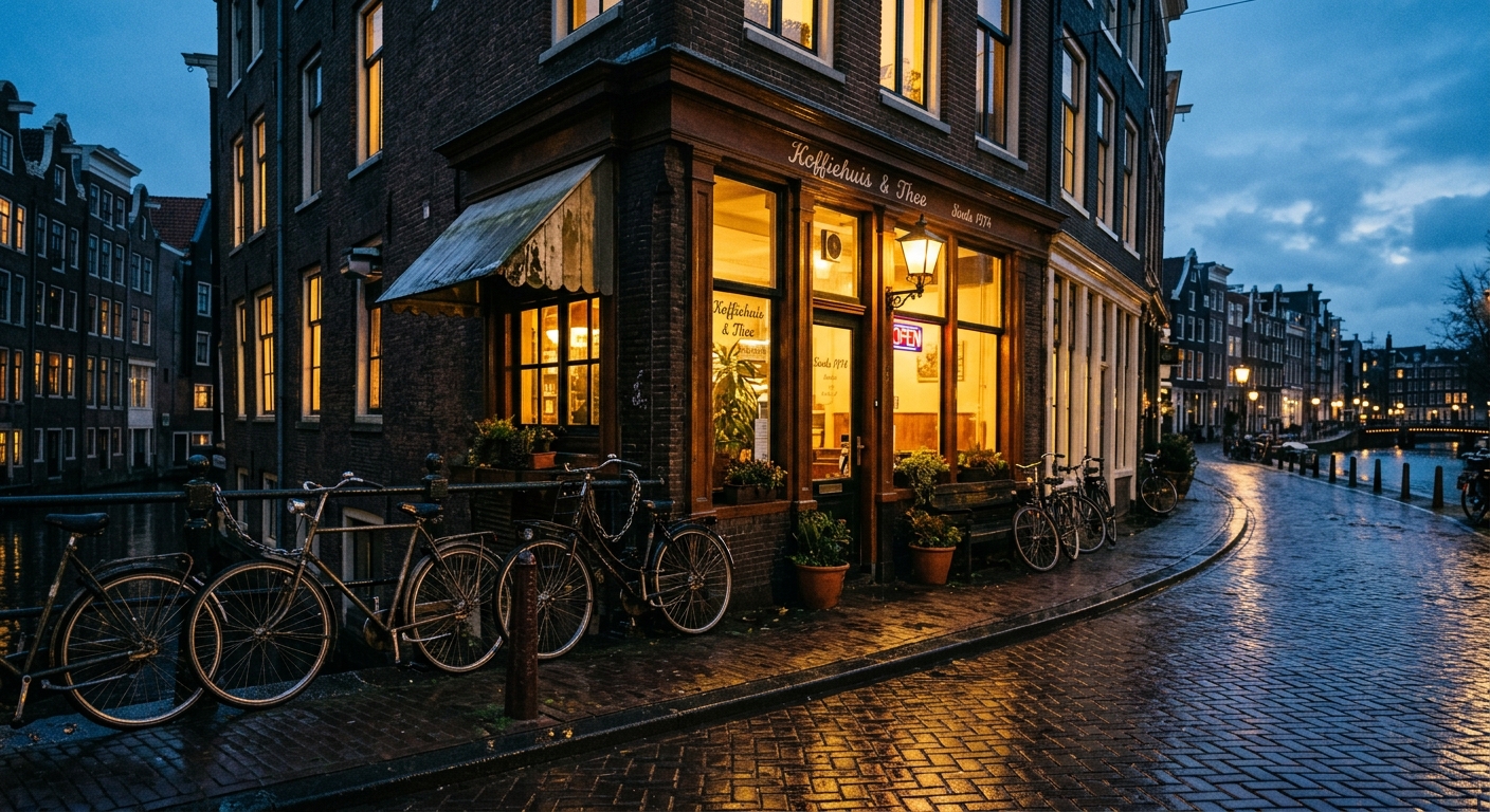 An Amsterdam coffeeshop facade glowing at dusk