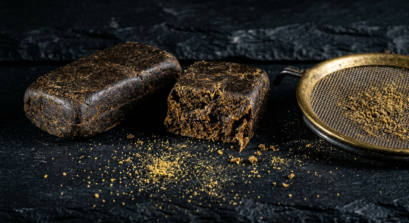 Macro photograph of Moroccan hashish slabs and sieved pollen powder