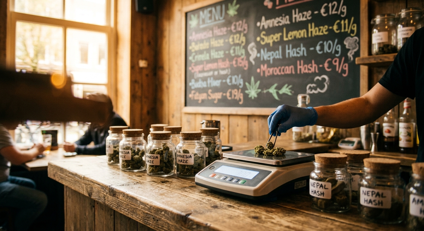 Inside a Dutch coffeeshop: the counter menu where every gram gets weighed