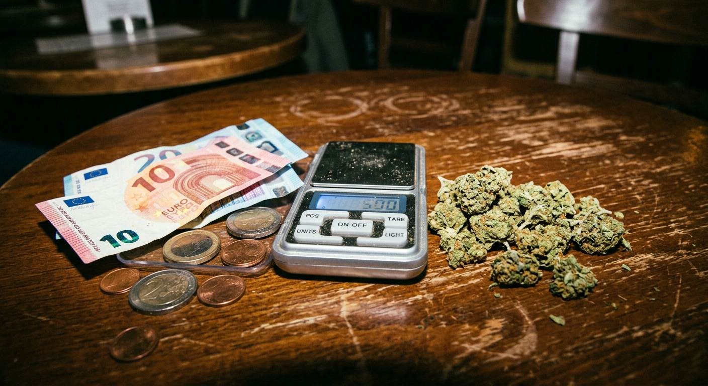 Euro banknotes, coins and cannabis buds on a digital scale