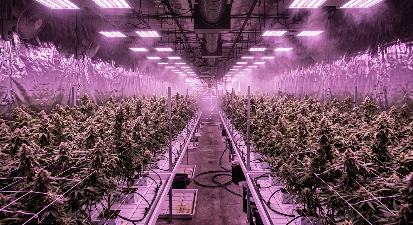 Hydroponic cannabis grow room under LED lights