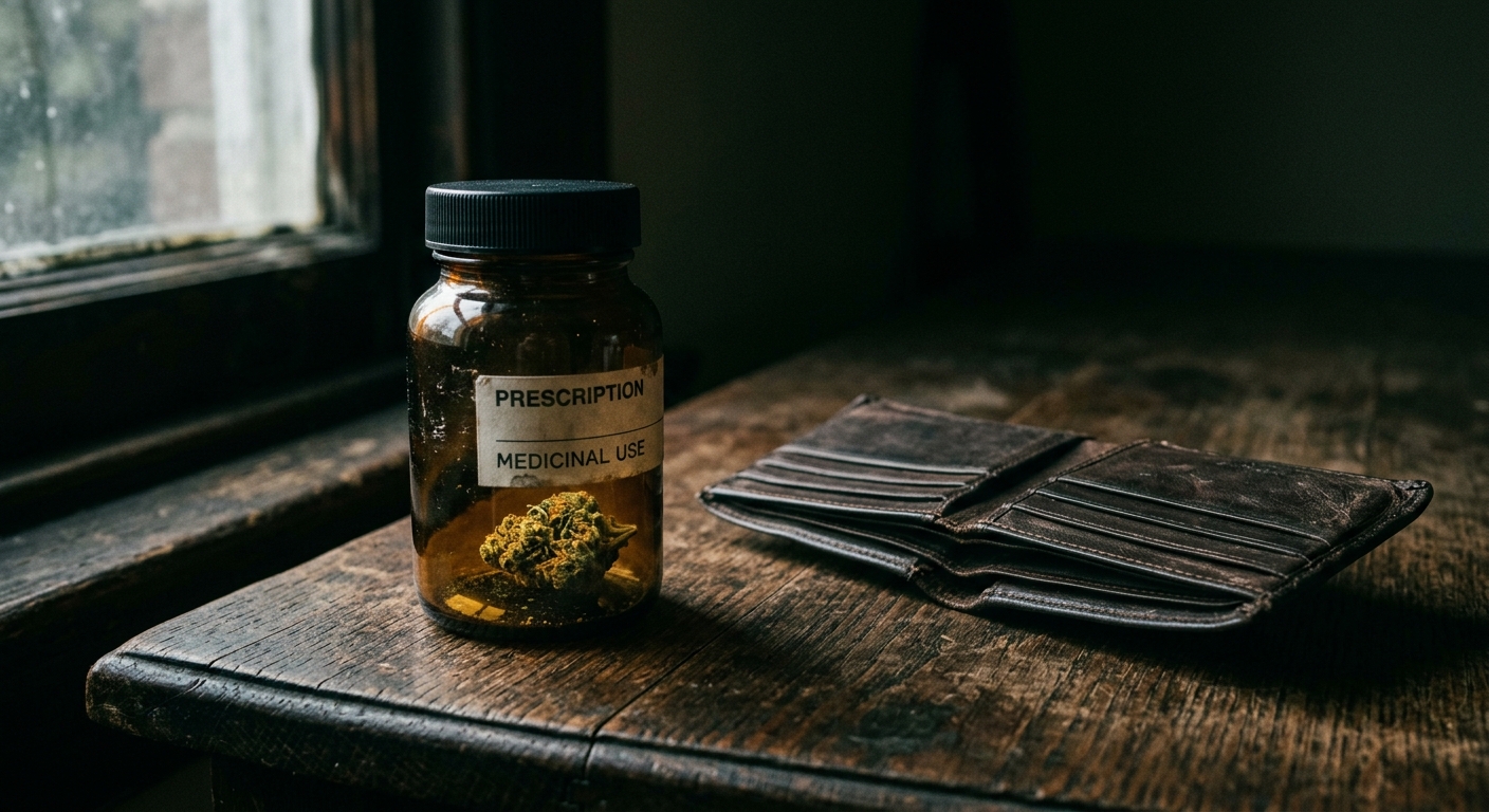 An almost-empty jar with one last cannabis bud beside an empty wallet