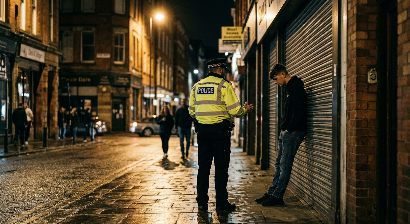 A police officer speaking to a young man against a shuttered shopfront on a British city street at night, seen from behind