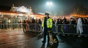 A police officer and dog at the gates of a UK theme park Halloween event at night, floodlights and a queue of costumed visitors