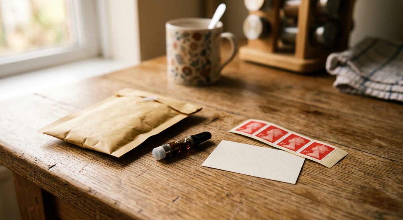 A jiffy envelope and vape cartridge ready to post for laboratory testing
