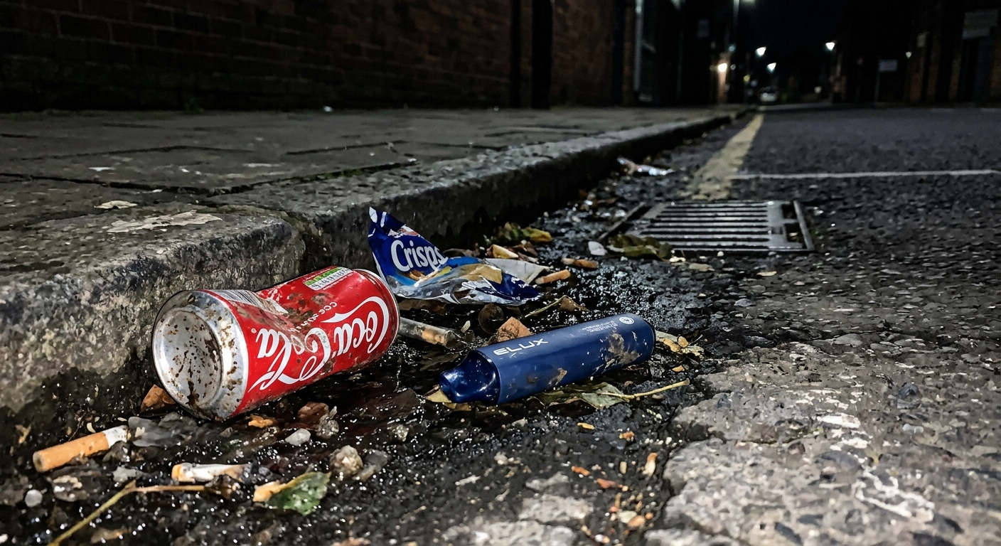 A discarded vape cartridge lying in a gutter at night, lit by camera flash